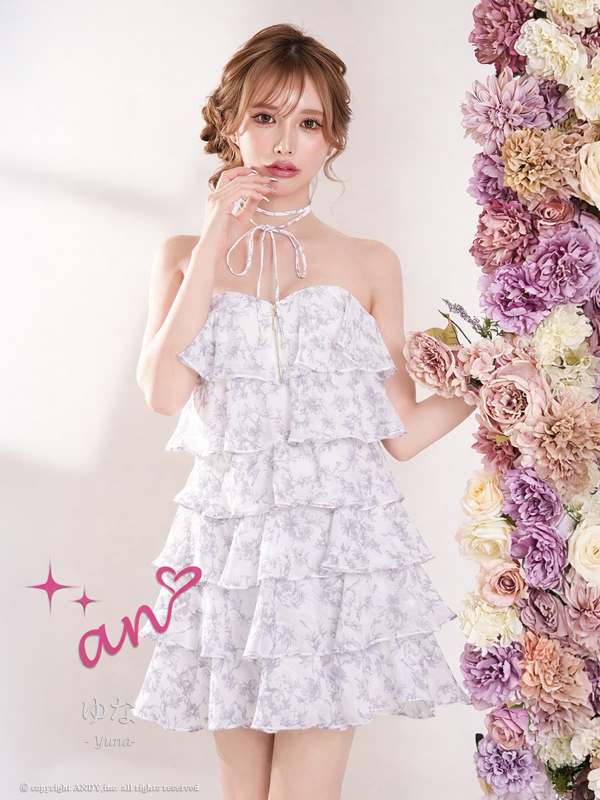 an/アン】リボン チョーカー付き ベアトップ ジップデザイン 花柄