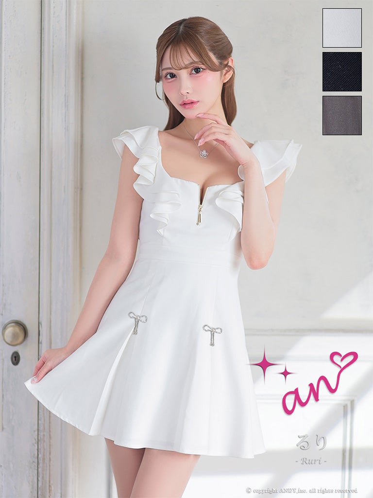 キャバドレス an ノースリーブ ジップデザイン カットアウト リボン ラメ フリル フレアミニドレス