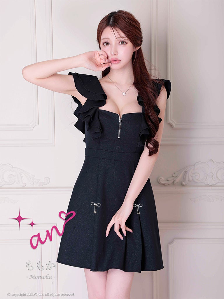 キャバドレス an ジップデザイン ノースリーブ カットアウト リボン ラメ フリル フレアミニドレス