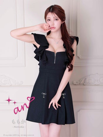 キャバドレス an ジップデザイン ノースリーブ カットアウト リボン ラメ フリル フレアミニドレス