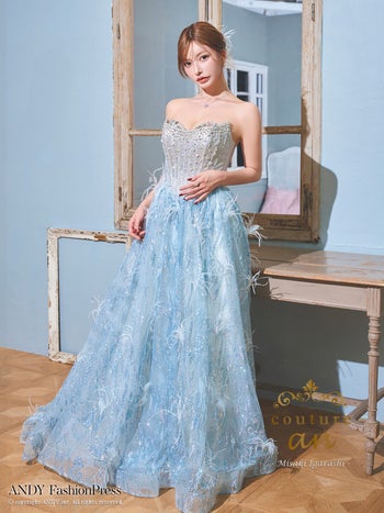 キャバドレス couture an ベアトップ フェザー ビジュー グリッター チュール スパンコール レースアップ バースデー Aラインロングドレス