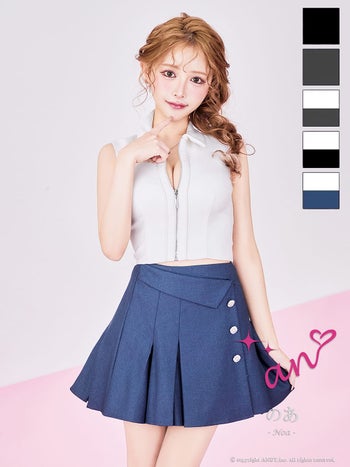 キャバドレス an ノースリーブ セットアップ ジップデザイン 襟付き プリーツ ボタン フレアミニドレス