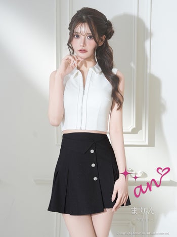 キャバドレス an セットアップ ジップデザイン 襟付き ノースリーブ プリーツ ボタン フレアミニドレス