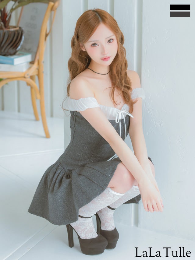 キャバドレス ANIER. アニエル ガーリー グリッター オフショルダー シフォン リボン フレアミニドレス