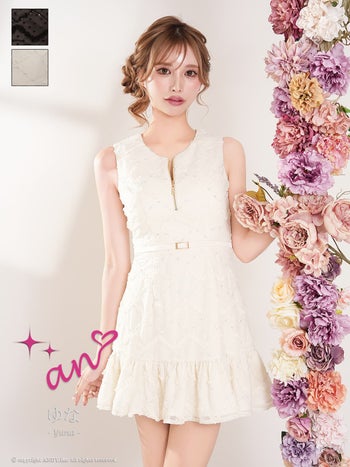 キャバドレス an ノースリーブ ジップデザイン チェック柄 ドット柄 ウエストベルト 裾フリル フレアミニドレス