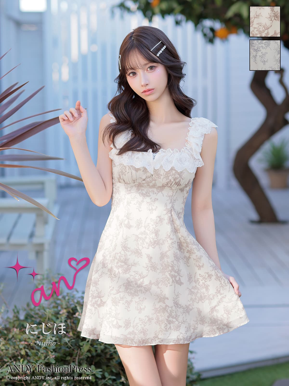 キャバドレス an ノースリーブ ジップデザイン フリル レース スクエアネック フラワープリント フレアミニドレス