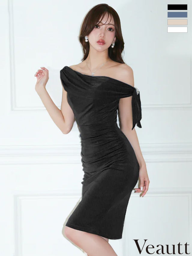 キャバドレス Veautt ヴュート エレガント ビジュー ワンショルダー ドレープ ワンカラー タイト 膝丈ドレス