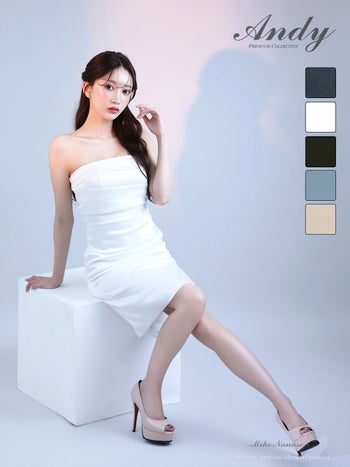 キャバドレス Andy タック ワンカラー スリット ベアトップ タイト 膝丈ドレス