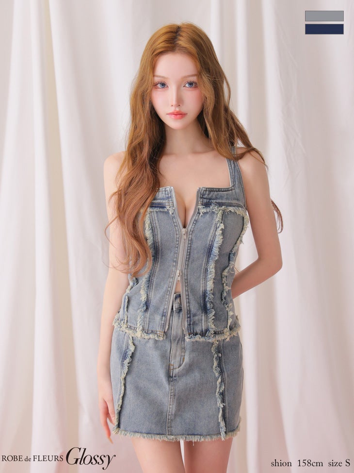 キャバドレス Glossy ROBE de FLEURS グロッシ ローブドフルール デニム セットアップ ジップデザイン ノースリーブ フリンジ モード タイトミニドレス