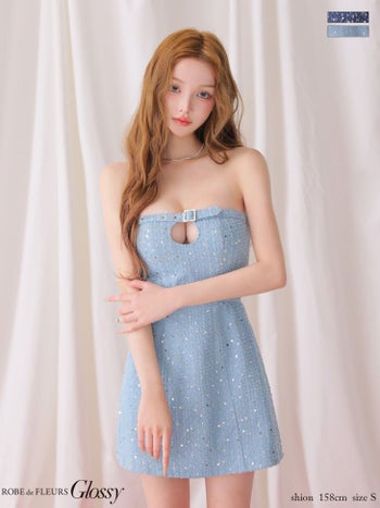 キャバドレス Glossy by ROBE de FLEURS グロッシー バストカット ベルトデザイン スパンコール デニム ベア タイトミニドレス