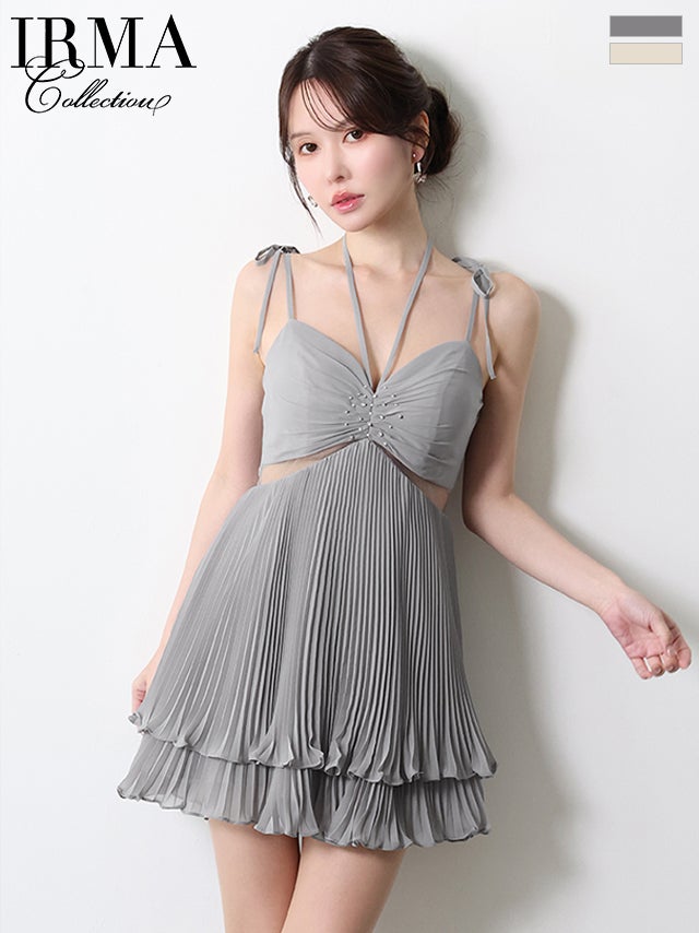 キャバドレス IRMA イルマ キャミソール ホルターネック リボン ビジュー パール シアーレース プリーツシフォン フレアミニドレス