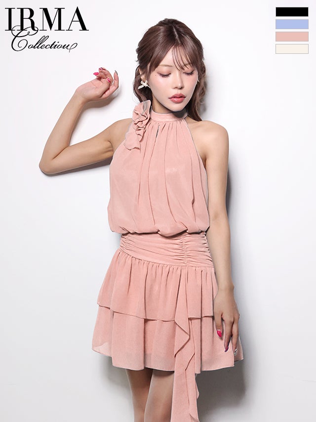 キャバドレス IRMA イルマ ホルターネック ウエストマーク シフォン フリル フレアミニドレス