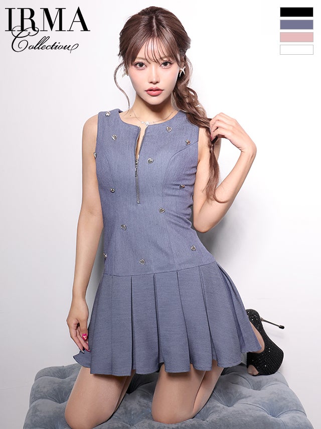 キャバドレス IRMA イルマ ノースリーブ ハートビジュー ジップデザイン ウエストマーク　プリーツ フレアミニドレス