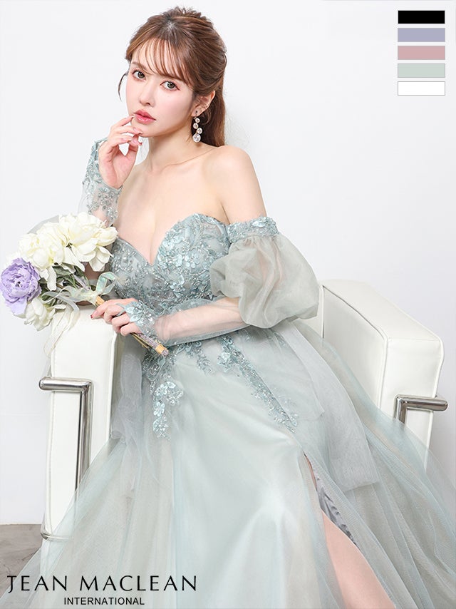 キャバドレス JEANMACLEAN ジャンマクレーン 2way ベア パフスリーブ付き ハートカット サイドレースアップ バックスピンドル スリット フラワー刺繍 バースデー Aラインロングドレス