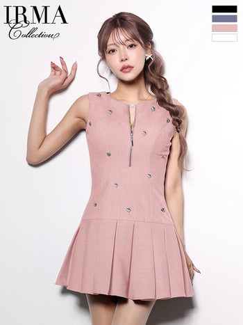 キャバドレス IRMA イルマ ジップデザイン ウエストマーク ノースリーブ ハートビジュー プリーツ フレアミニドレス