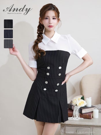 キャバドレス Andy セットアップ 半袖 襟付き シースルー ストライプ ビジュー ボタン プリーツ フレアニドレス