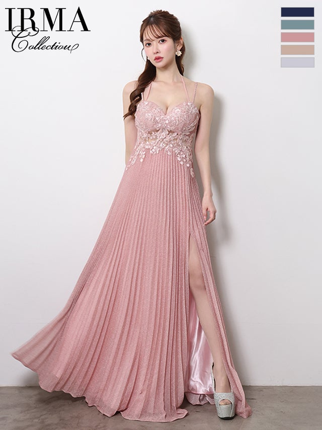 キャバドレス IRMA イルマ キャミソール ホルターネック スリット フラワー刺繍 プリーツ ラメニット バースデー Aラインロングドレス