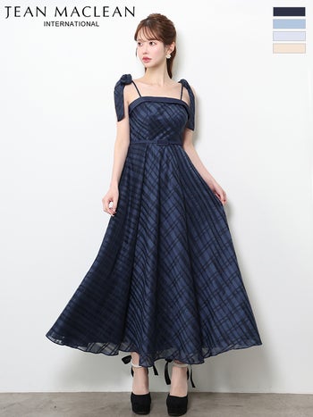 キャバドレス JEANMACLEAN ジャンマクレーン キャミソール ショルダーリボン付き ウエストベルト チェック柄 Aラインロングドレス