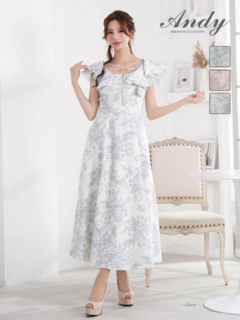 キャバドレス Andy ジップデザイン ノースリーブ フリル チェーン フラワー プリント Aラインロングドレス