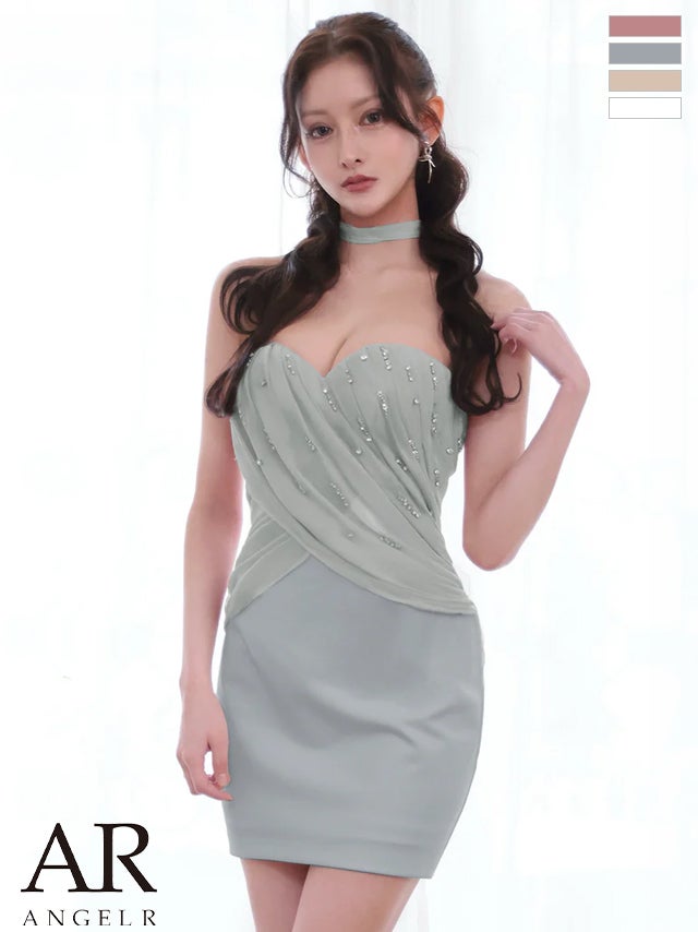 キャバドレス Angel R エンジェルアール チョーカー フロントドレープ ビジュー 2way ベアトップ タイトミニドレス