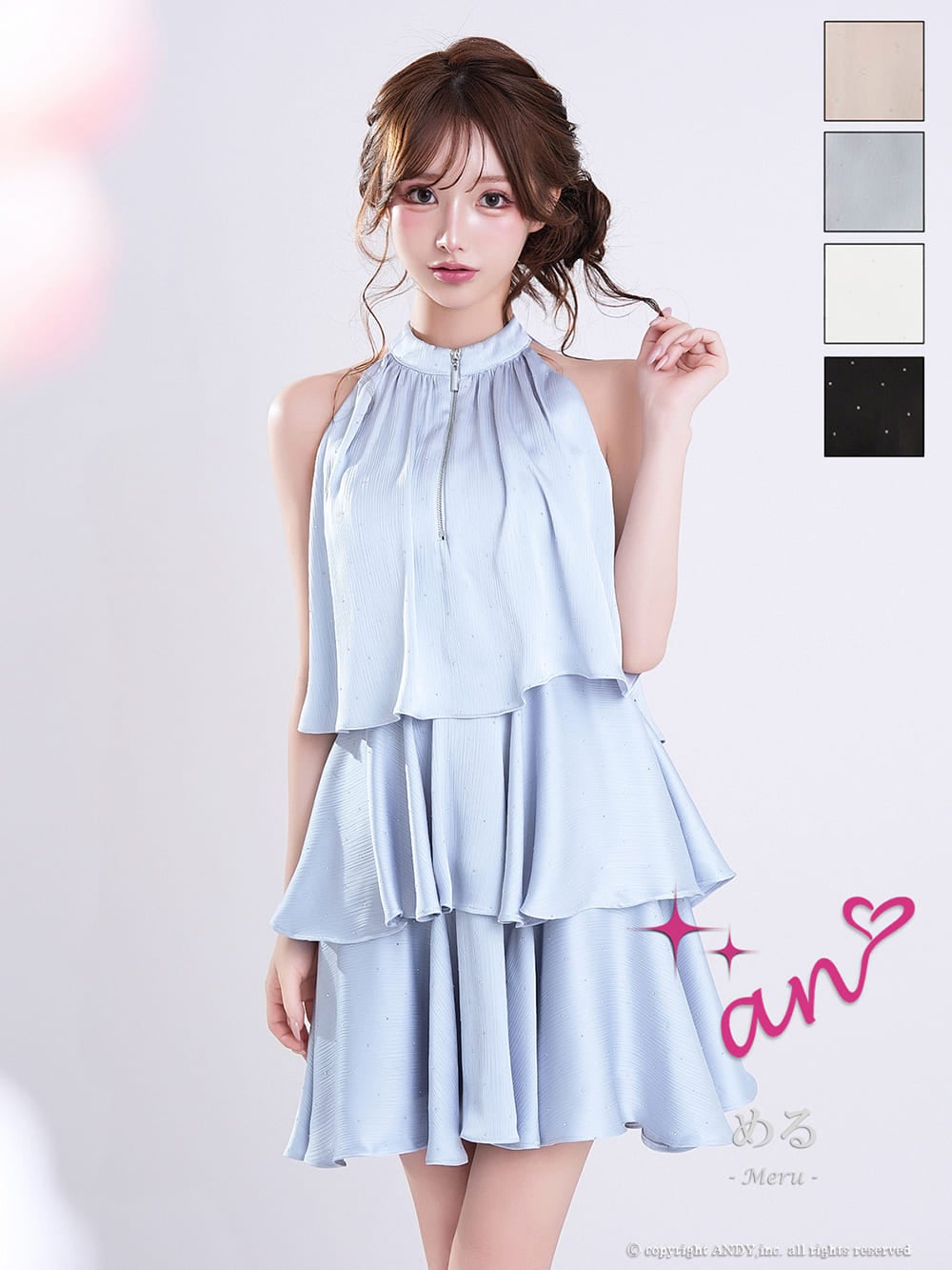 キャバドレス an ジップデザイン ドット柄 ホルターネック リボン ティアード フリル フレアミニドレス