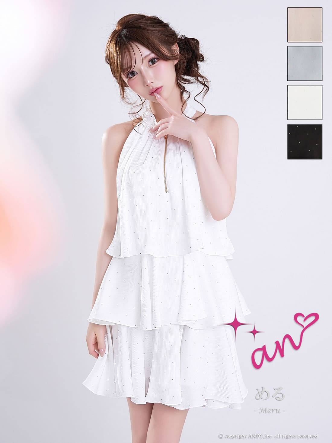 キャバドレス an ジップデザイン ドット柄 リボン ホルターネック ティアード フリル フレアミニドレス