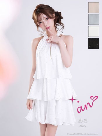 キャバドレス an ジップデザイン ドット柄 リボン ホルターネック ティアード フリル フレアミニドレス