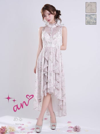 キャバドレス an ノースリーブ フラワープリント フリル シースルー ロングテール フレア 膝丈ドレス