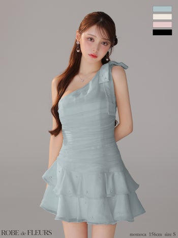 キャバドレス ROBEdeFLEURS ローブドフルール アシンメトリー フリル ビッグリボン ビジュー ワンショルダー ガーリー ティアードスカート フレアミニドレス