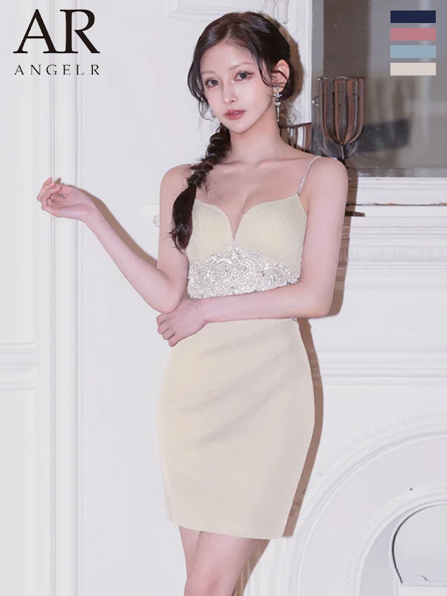 キャバドレス Angel R エンジェルアール ビジュー ラメ Vカット ウエストタック レース キャミソール メッシュ タイトミニドレス