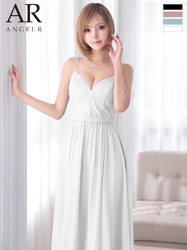 キャバドレス Angel R エンジェルアール ハートカット アッパーフラワーデザイン ウエストマーク ビジュー シフォン キャミソール Aラインロングドレス