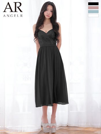 キャバドレス Angel R エンジェルアール アッパーフラワーデザイン ウエストマーク ビジュー シフォン キャミソール ハートカット Aラインロングドレス