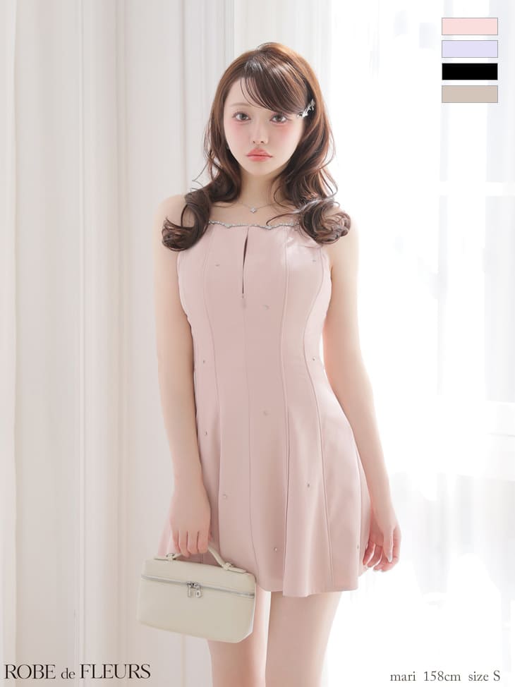 キャバドレス ROBEdeFLEURS ローブドフルール キャミソール ジップデザイン バックリボン ビジュー フレアミニドレス