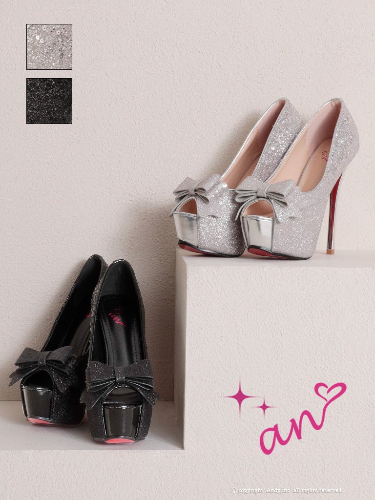 キャバヒール an ラメ グリッター リボン ピンヒール オープントゥ パンプス
