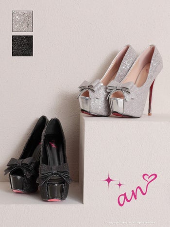 キャバヒール an ラメ グリッター リボン ピンヒール オープントゥ パンプス