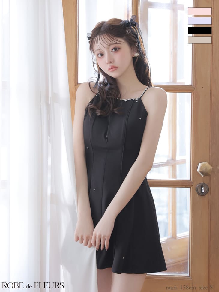 キャバドレス ROBEdeFLEURS ローブドフルール バックリボン ビジュー キャミソール ジップデザイン フレアミニドレス