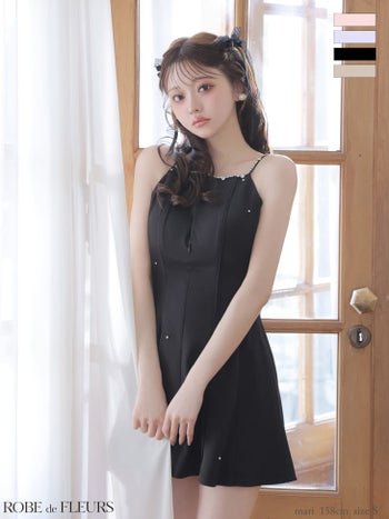 キャバドレス ROBEdeFLEURS ローブドフルール バックリボン ビジュー キャミソール ジップデザイン フレアミニドレス