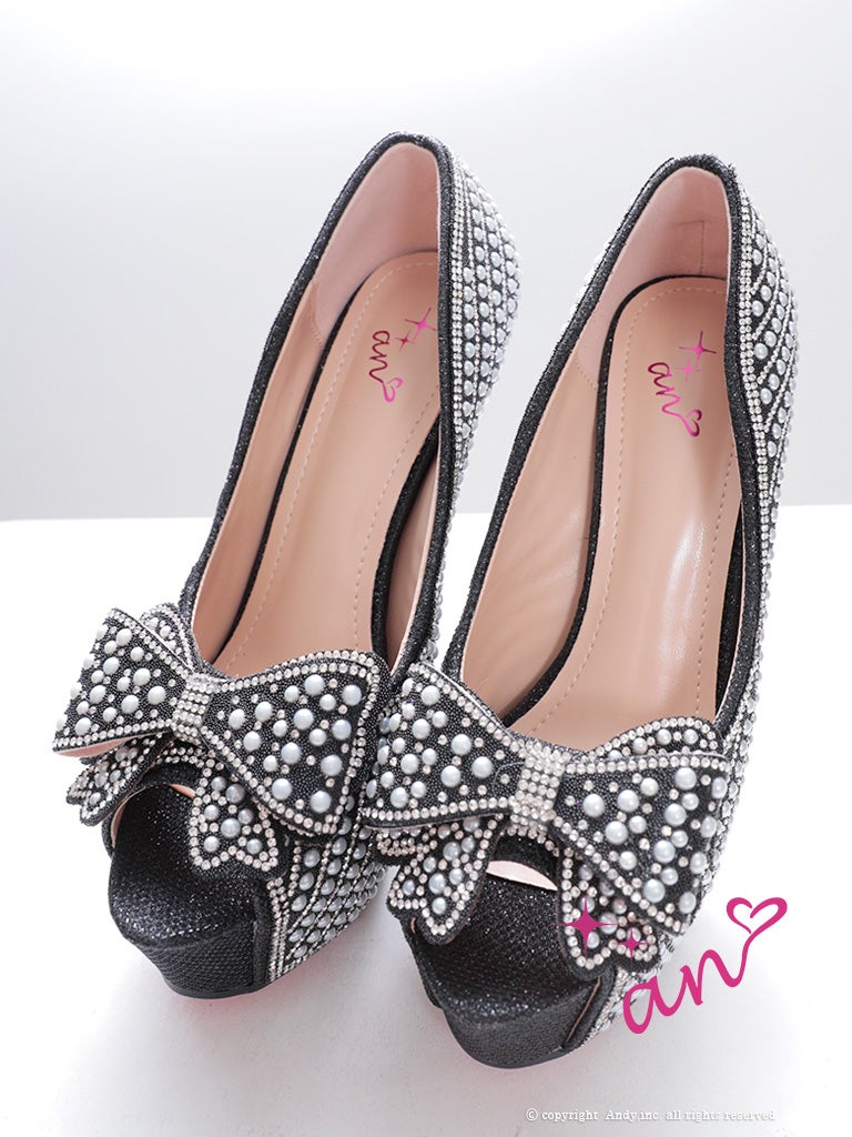 キャバヒール an パール リボン ラインストーン ピンヒール オープントゥ パンプス
