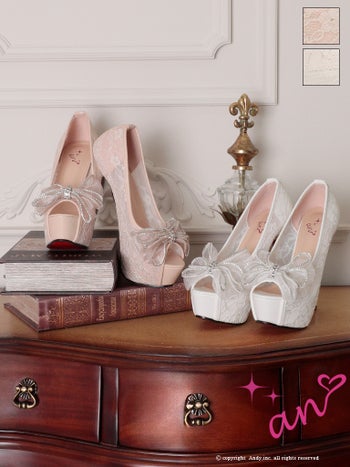 キャバヒール an チュール リボン レース ラインストーン ピンヒール オープントゥ パンプス