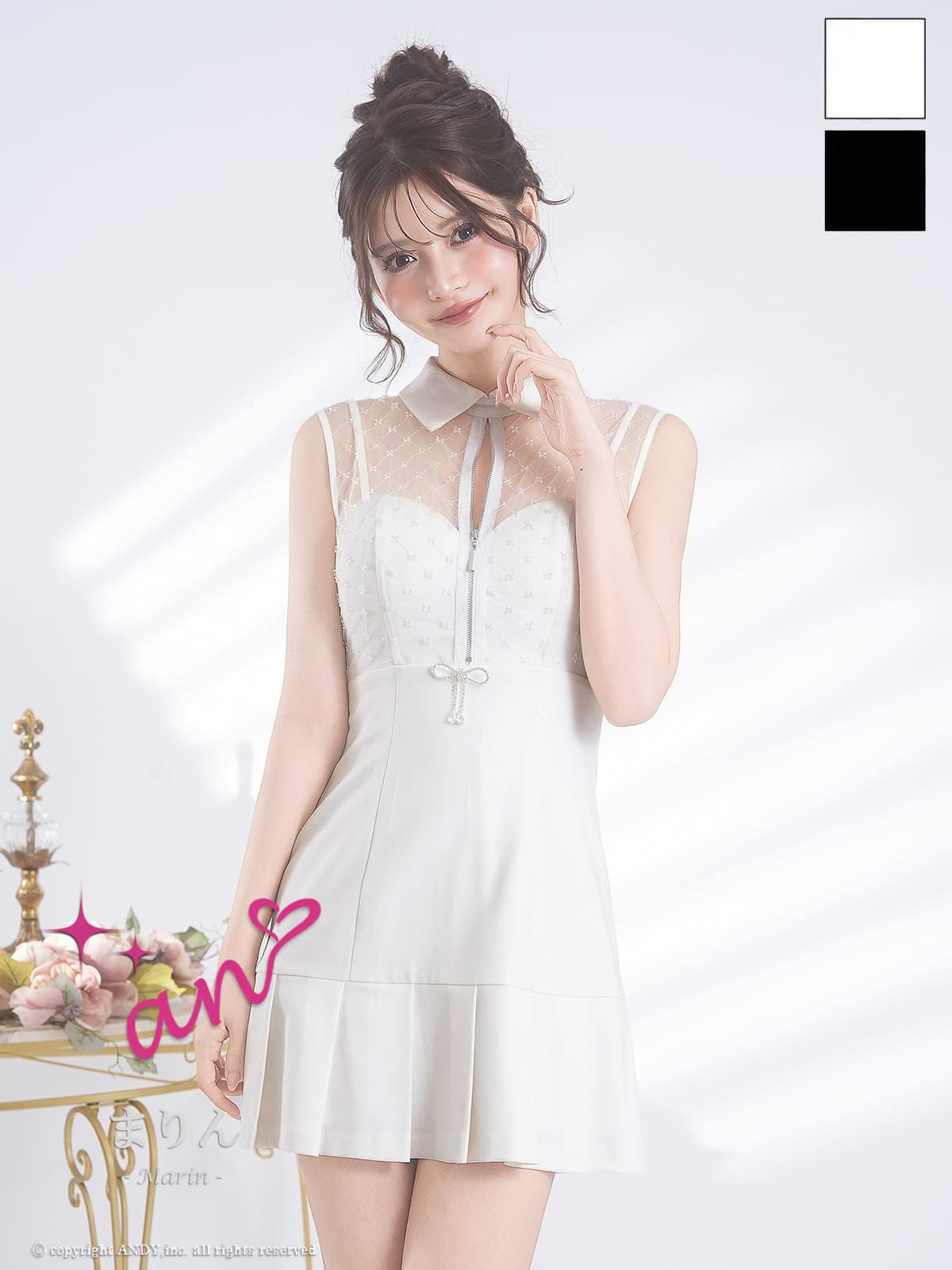 キャバドレス an ジップデザイン ノースリーブ チェック柄 襟付き リボン シースルー プリーツ フレアミニドレス