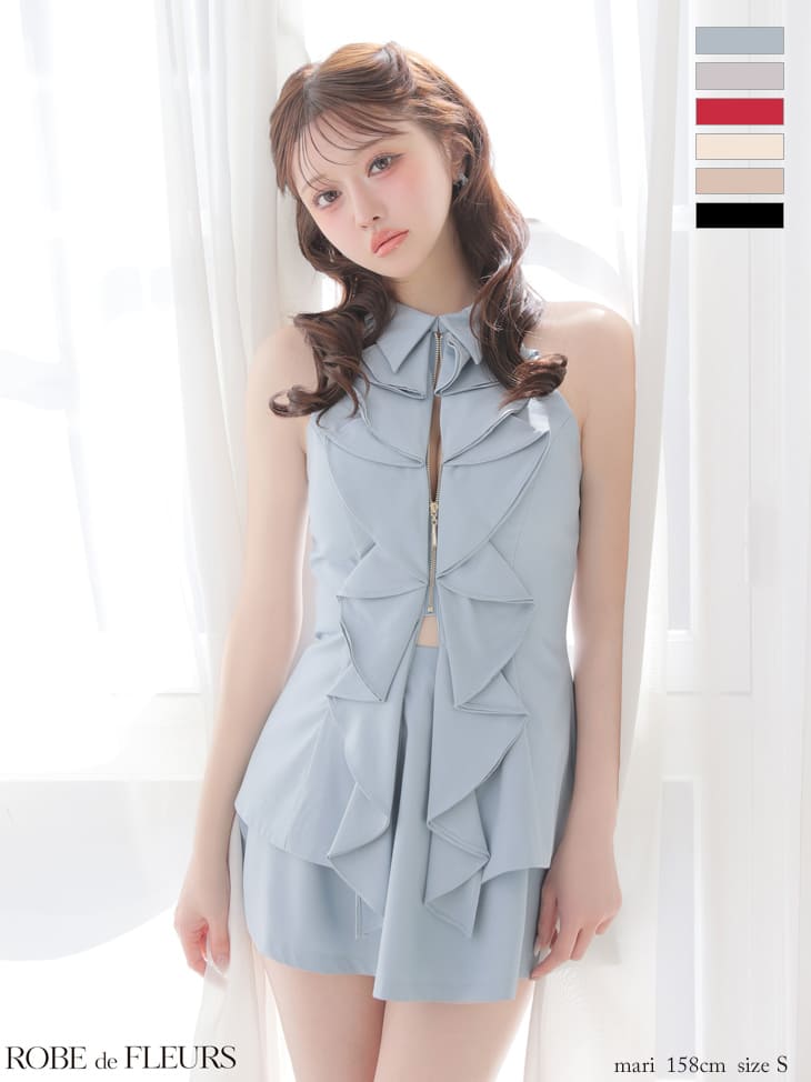 キャバドレス ROBEdeFLEURS ローブドフルール セットアップ フリル ホルターネック ジップデザイン 襟付き ガーリー フレアミニドレス