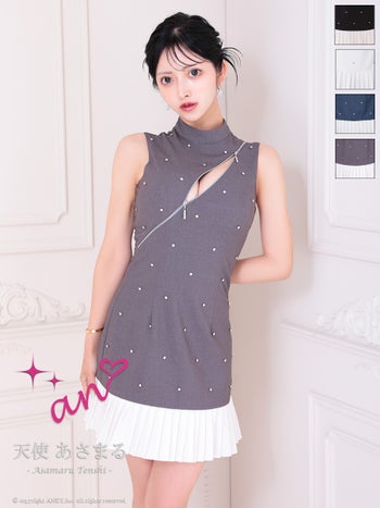 キャバドレス an ジップデザイン ドット柄 プリーツ ノースリーブ フレアミニドレス