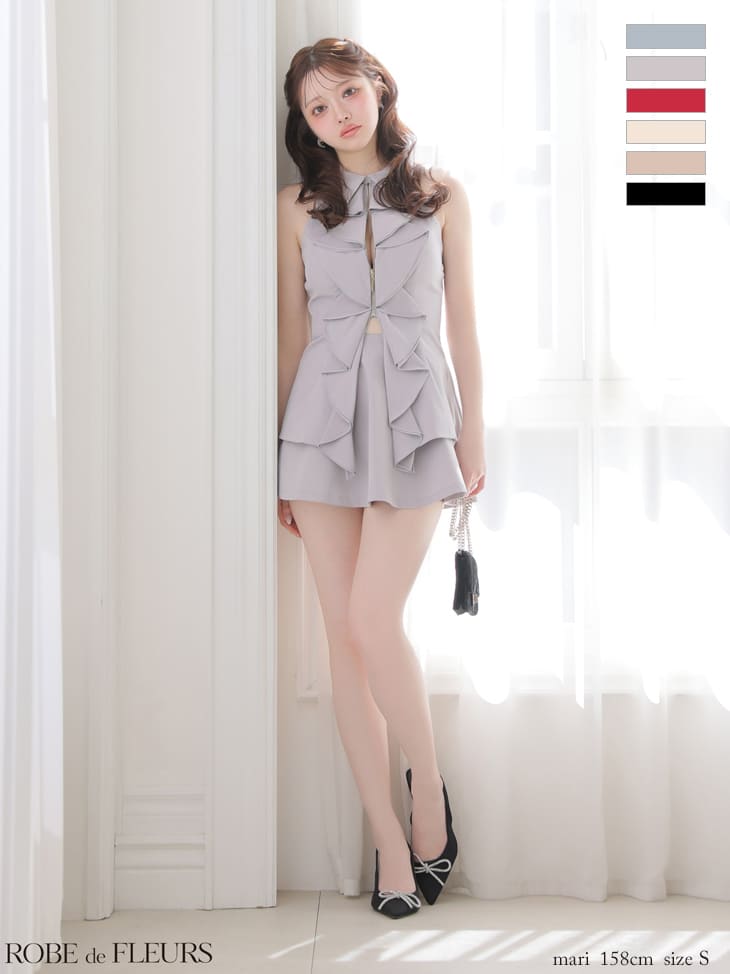 キャバドレス ROBEdeFLEURS ローブドフルール フリル ホルターネック ジップデザイン 襟付き ガーリー セットアップ フレアミニドレス