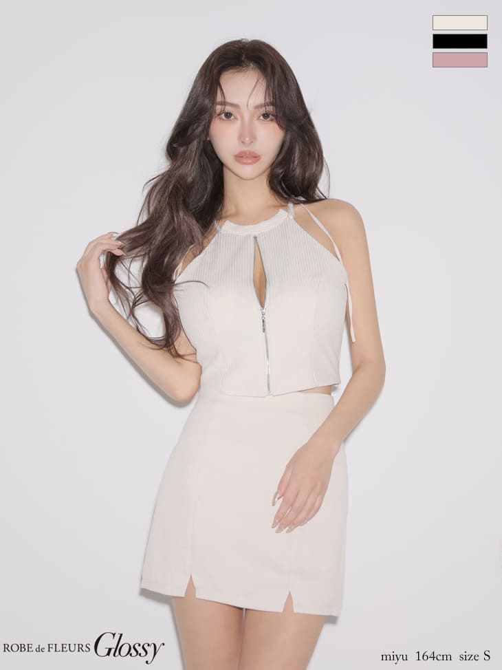 キャバドレス Glossy by ROBE de FLEURS グロッシー ノースリーブ ジップデザイン セットアップ ワンカラー タイトミニドレス