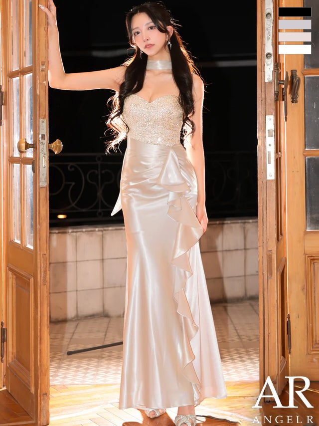 キャバドレス Angel R エンジェルアール 2way ベアトップ ハートカット チョーカー フロントスパンコール フリル マーメイドライン タイトロングドレス