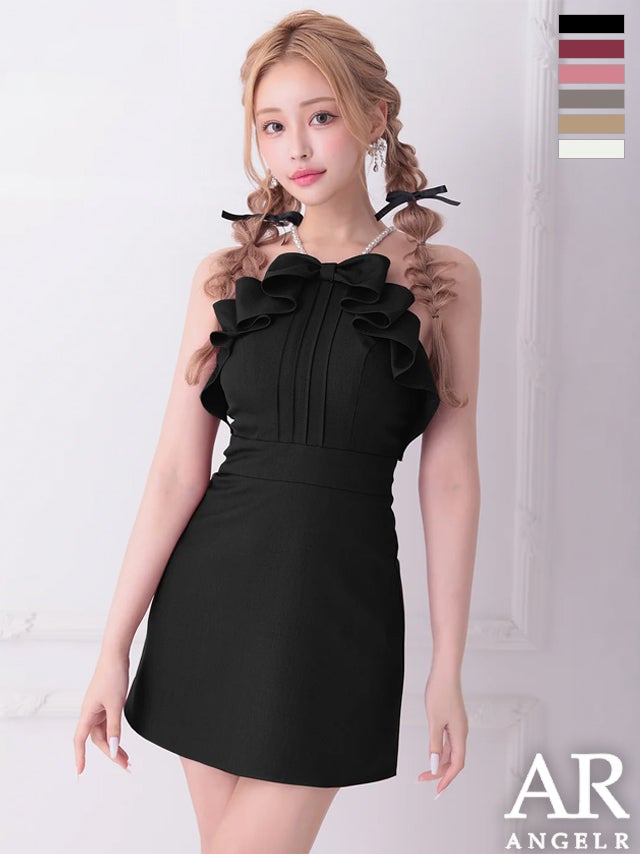 キャバドレス Angel R エンジェルアール フリルリボン ガーリー パールショルダー キャミソール フレアミニドレス