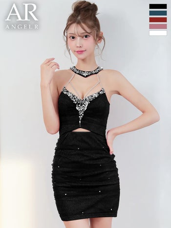 キャバドレス Angel R エンジェルアール ウエストカット ラメ ホルターネック セクシー ビジュー タイトミニドレス