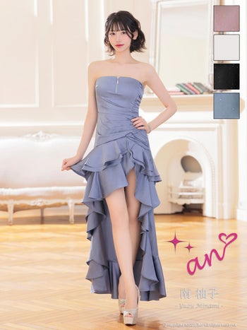 キャバドレス an ジップデザイン ベアトップ ラインストーン ドット柄 アシンメトリー ギャザー ティアード フリル フレア ロングテールドレス