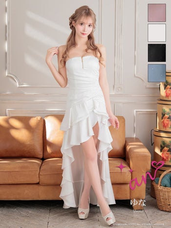 キャバドレス an ジップデザイン ラインストーン ドット柄 ベアトップ アシンメトリー ギャザー ティアード フリル フレア ロングテールドレス