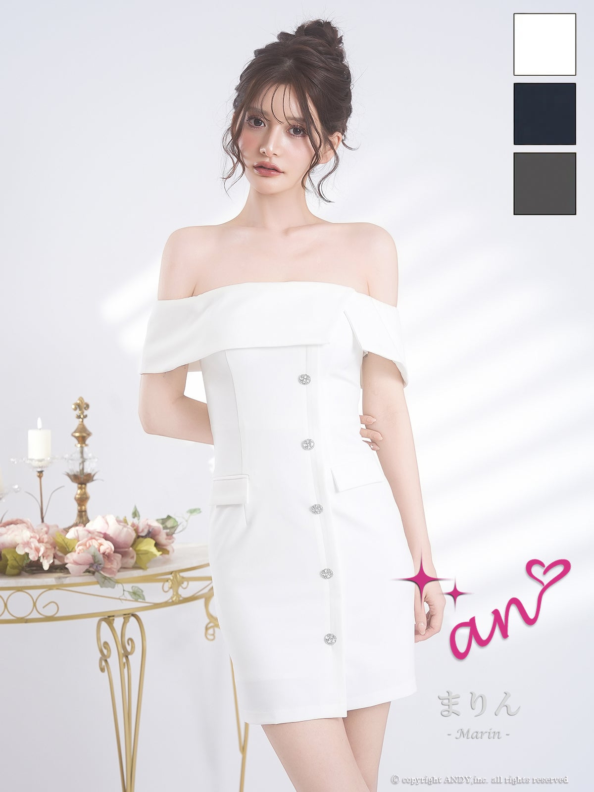 キャバドレス an オフショルダー 半袖 ビジュー ボタン ポケット タイトミニドレス